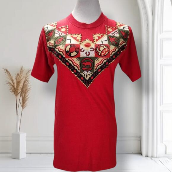 Vintage 80s Screen Stars Red Single Stitch Southwest Puffy Paint Tee USA Size S - Picture 3 of 12